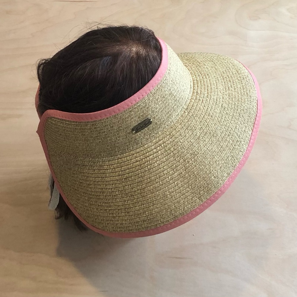Vtg SunSand 1986 Tan Straw Visor Hat Beach Packable Womens One Size.